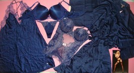 Victoria&#39;s Secret 36D Bombshell Bra Set+Garter Corset+Slip+Robe Kimono Navy Blue - £236.70 GBP