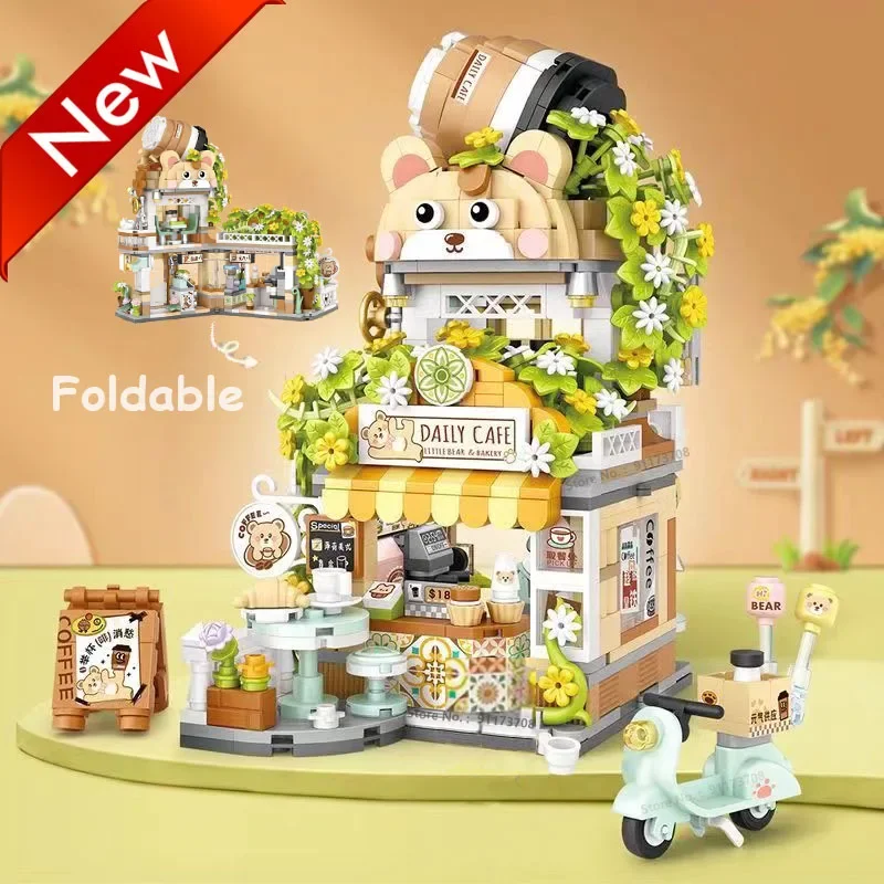Loz Mini Street View Building Blocks Bear Coffee Shop Foldable Panda Milk Tea - £26.80 GBP+