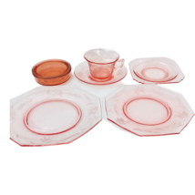 7 Pink Depression Glass Pieces Etched Tea Cup Plates Box Lid Flowers Vin... - £31.71 GBP