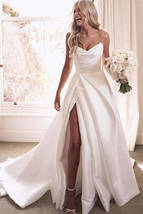 Beautiful Ivory Satin A Line V Neck Wedding Dresses With Slit - £151.20 GBP