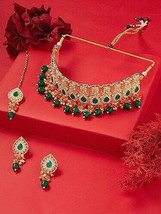 Green Dazzling Stones Beads Drop Necklace Earring &amp; Maangtikka Set Jewelry - £23.75 GBP