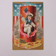 Postcard Independence Day 4th July Boy Sailor Suit Firecrackers Flag Antique - £11.98 GBP