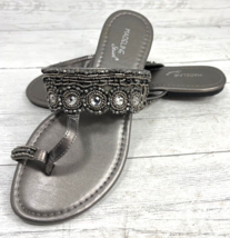 Madeline Stuart Kiera Silver 9 W Sandals Flip Flops Flat Thongs Rhinesto... - $39.99