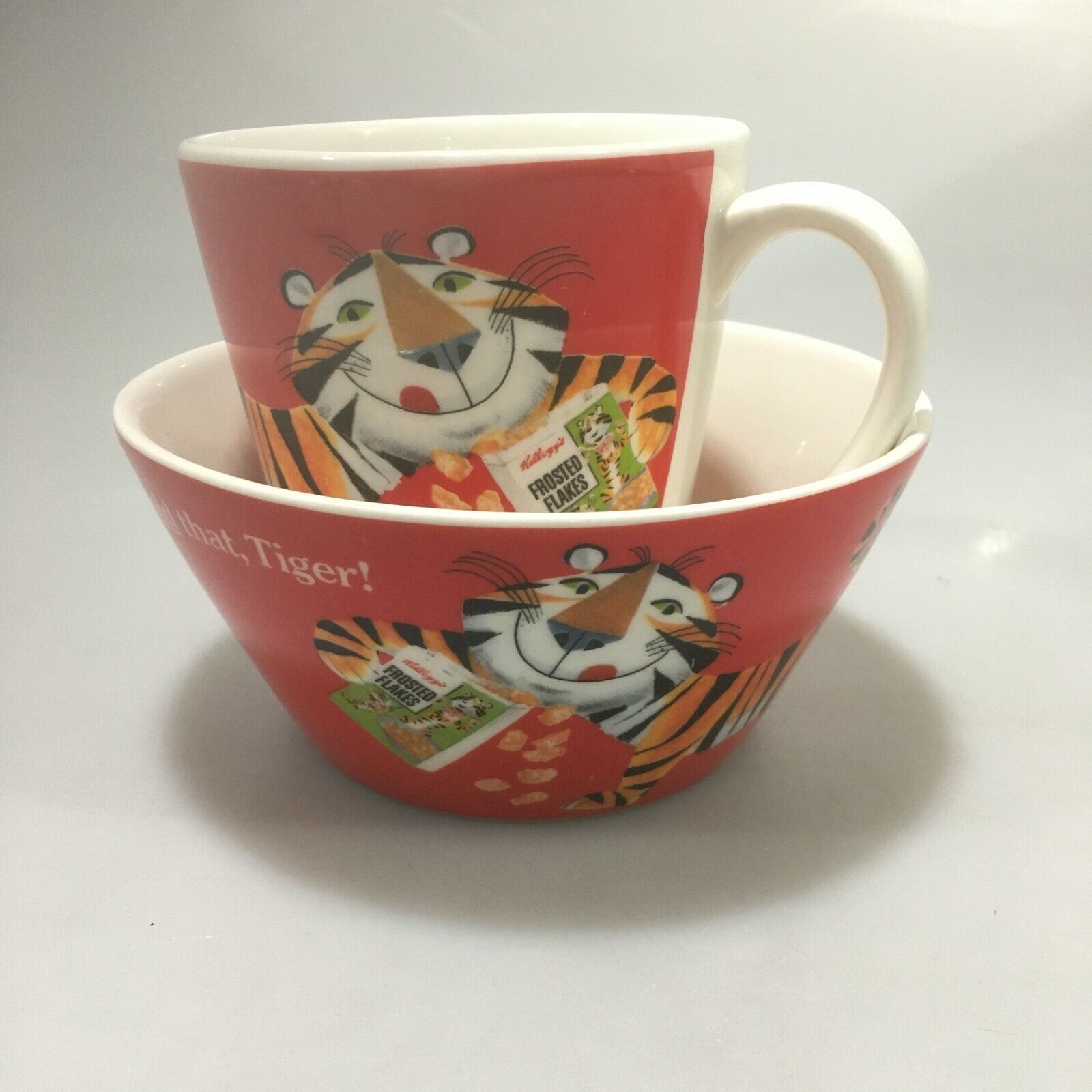 Kellogg's Hold that Tony Tiger Frosted Flakes Red Cereal Bowl & Mug Set 2006 - $35.77