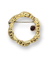 Vintage Wreath Textured Circle Brooch Gold-tone Pin Faux Garnet Red Rhin... - £13.29 GBP