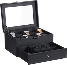 Bewishome Watch Box Organizer With Valet Drawer - Real Glass Top, Metal Hinge, - £40.63 GBP