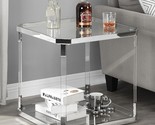 Glass Side Table-Silver Chrome End Table Clear Acrylic Nightstand For Li... - $222.99