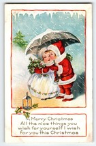 Christmas Postcard Children Under Umbrella Snow Icicles Whitney Vintage Antique - £7.64 GBP