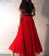 RED Pleated Long Tulle Skirt Outfit Women Plus Size Pleated Tulle Skirt image 3