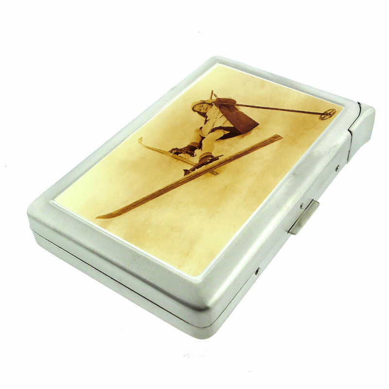 Vintage Skiing D31 Cigarette Case with Built in Lighter Metal Wallet Skiers - $20.74