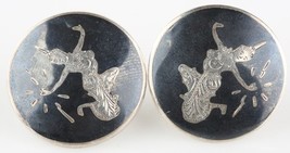 Vintage Argent Sterling Siamois Niello Gravé Disque Boucles W/ Vis Arrière - $63.98