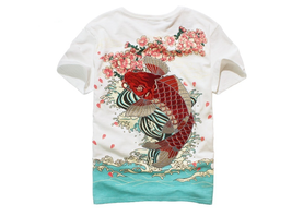 Embroidered carp T-shirt Red fish Colorful Flower - $40.00
