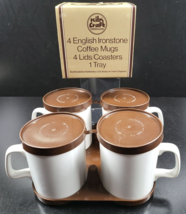 Kiln Craft White Coffee Mugs Brown Lids Coaster Tray Set Vintage England... - $69.27