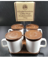 Kiln Craft White Coffee Mugs Brown Lids Coaster Tray Set Vintage England... - £54.56 GBP