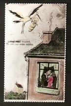 Old Photo of Latvian Postcard Birth Greetings Couple Kissing House Stork Baby - £4.94 GBP