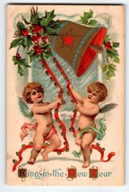 New Year Postcard Cherub Angels Ring Bell Vintage 1910 Embossed Holly Leaves - £11.51 GBP