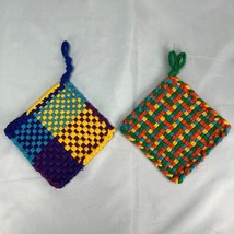 2 Fiestaware Potholder Loom Woven Handmade 100% Cotton MultiColor - £10.82 GBP