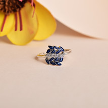 Blue Enamel Zirconia Leaf 925 Sterling Silver Ring - £45.07 GBP