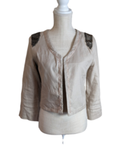 Harlowe &amp; Graham Womens Beige Linen Beaded Lace Trim Open Blazer Jacket ... - $19.79