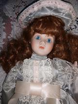 FRANKLIN MINT RED HEADED GIRL IN GRAY SATIN AND WHITE LACE PINK RIBBON DOLL - £30.59 GBP