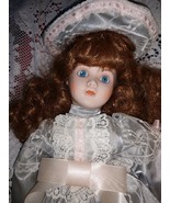 FRANKLIN MINT RED HEADED GIRL IN GRAY SATIN AND WHITE LACE PINK RIBBON DOLL - $52.44 CAD