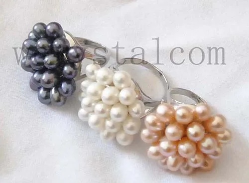 3 Pcs Genuine Real Cultured Pearls White Black Pink Rings - £29.87 GBP