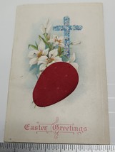 Rare 1910 Pincushion Postcard EASTER EGG RED SATCHET Posted LILLIES &amp; CROSS - $11.25