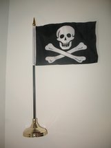 Skull and Crossbones No Patch Jolly Roger Pirate Flag 4&quot;x6&quot; Desk Set Gol... - $4.44