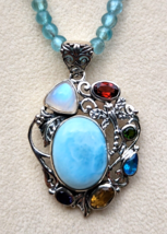 Larimar &amp; Multi Gem Pendant on Apatite Necklace in Sterling 20 In. GORGEOUS!! - £102.78 GBP