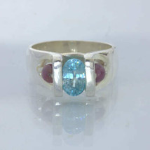 Ring Blue Zircon Ruby Beads Handcrafted Sterling Silver Size 7 Unisex Design 435 - £105.88 GBP