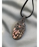 Wire wrapped Rhodonite crystal pendant with sterling silver, handmade gift - £110.87 GBP