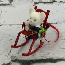 1980s Vintage Avon Flocked White Teddy Bear in Red Metal Rocking Chair Ornament - $11.88