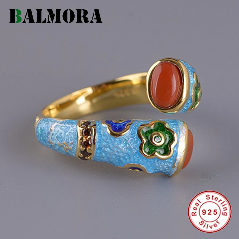 BALMORA  Pure 925  Silver Carnelian Rings For Women Enamel Cloisonn Ring Open Ad - $66.71