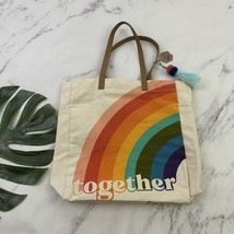 Eccolo Canvas Tote Bag New Rainbow Together Print Faux Leather Strap Pom... - $22.76