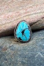 Vintage Navajo Handmade Sterling Silver Natural Kingman Turquoise Ring 7.75 - £78.21 GBP