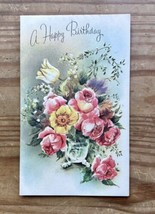 Vintage Birthday Greeting Card Flowers In Vase Unused w Envelope 40s 50s - £5.44 GBP