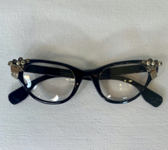 Vintage Tura Cat Eye Eyeglass Black Frames 50s 60s Eyewear Embellished W Case - £92.26 GBP