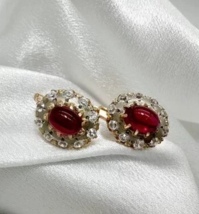 Soviet Malinki Earrings 583 14 KT Solid Rose Gold With Rubies Vintage  - £509.04 GBP