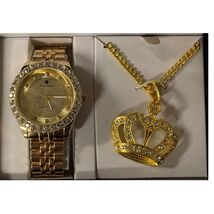 Luis Cardini Gold Bling Set – Watch with a Crown Pendant Necklace - $32.98
