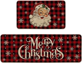 Buffalo Plaid Snow Santa Claus Christmas Kitchen Rugs Set of 2 Winter Low Profil - $85.99