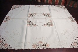 FANCO tablecloth floral pink cluster of roses, 36x36 new, cutwork border... - $31.93