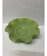 Vintage FENTON Cherry Trees Green Custard Satin Uranium Ruffled Glass Bo... - $100.84 CAD