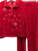 Merry Bright women M red velour Christmas snowflake track suit zip jacke... - $15.93