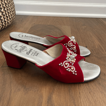 70s Amalfi by Rangoni Red Velvet Open Toe Mules Block Heel 7.5 Narrow - $40.32