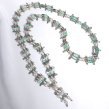 Vintage Long Turquoise Aurora Borealis Bead Safety Pin Necklace 32” Handmade 70s - £39.43 GBP