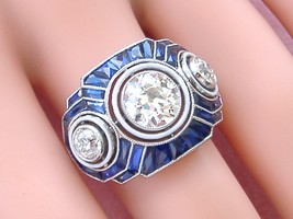 Estate Art Deco 2.55ctw Euro Diamond Sapphire 3-STONE Statement Cocktail Ring - £18,407.82 GBP