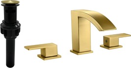 Brushed Gold Bathroom Sink Faucets 1404Bg 3 Hole Widespread Waterfall, Up Drain. - £89.24 GBP