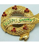 Vintage Signed Gerry&#39;s Christmas Pin Brooch Goldtone Wreath Seasons Gree... - $9.85