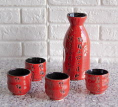 Japanese 12oz Ceramic Red Calligraphy of Fortune Sake Set Flask With Four Cups - £20.77 GBP