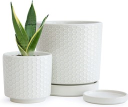 2 Pc. Modern Matte White Honeycomb Embossed Ceramic Planter Pot Set With, Be. - £35.11 GBP